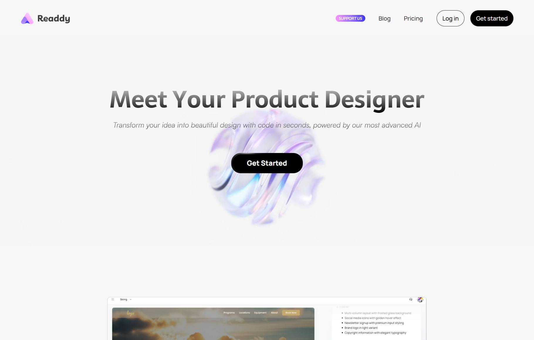 Readdy AI-Meet Your Product Designer Transform your idea into beautiful design with code in seconds, powered by our most advanced AI | allinAI.Tools