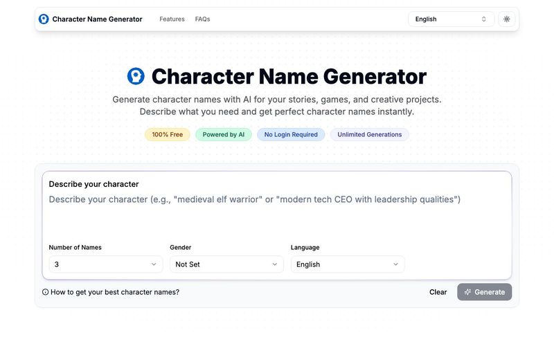 Character Name Generator-Generate character names with AI for your stories, games, and creative projects.  | allinAI.Tools